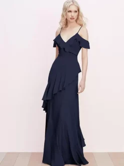 Robe de demoiselle d'honneur à volants bretelles spaghetti dos nu ligne a robes de bal en mousseline de soie