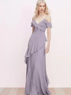 Robe de demoiselle d'honneur à volants bretelles spaghetti dos nu ligne a robes de bal en mousseline de soie