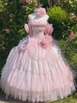 Robe de fée rose Sweet Lolita à spaghetti et n艙ud floral robe Lolita longue au sol