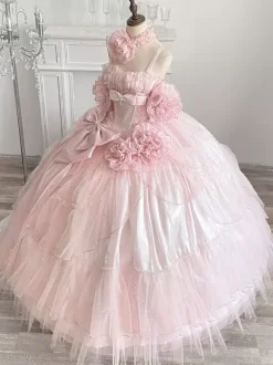 Robe de fée rose Sweet Lolita à spaghetti et n艙ud floral robe Lolita longue au sol