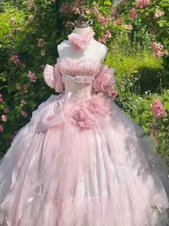 Robe de fée rose Sweet Lolita à spaghetti et n艙ud floral robe Lolita longue au sol