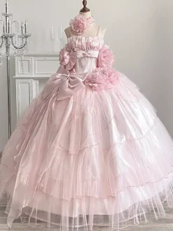 Robe de fée rose Sweet Lolita à spaghetti et n艙ud floral robe Lolita longue au sol