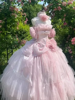 Robe de fée rose Sweet Lolita à spaghetti et n艙ud floral robe Lolita longue au sol