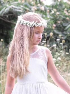 Robe de fille de fleur blanche en dentelle col rond décolleté décoré de noeud sur dos robe cortège enfant