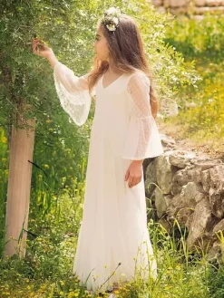 Robe de fille de fleur blanche en dentelle col V manche longue transparente à cheville robe cortège enfant
