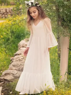 Robe de fille de fleur blanche en dentelle col V manche longue transparente à cheville robe cortège enfant