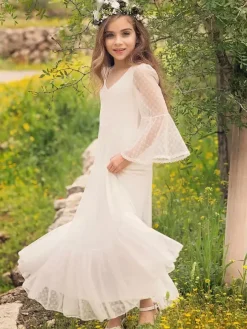 Robe de fille de fleur blanche en dentelle col V manche longue transparente à cheville robe cortège enfant