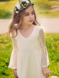 Robe de fille de fleur blanche en dentelle col V manche longue transparente à cheville robe cortège enfant