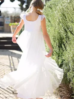 Robe de fille de fleur blanche en dentelle col carré longueur au sol robe cortège enfant