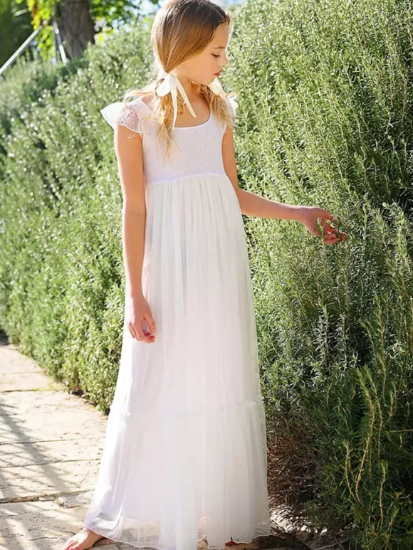 Robe de fille de fleur blanche en dentelle col carré longueur au sol robe cortège enfant