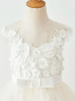 Robe de fille de fleur champagne en tulle col rond en dentelle boutonné sur dos robe cortège enfant