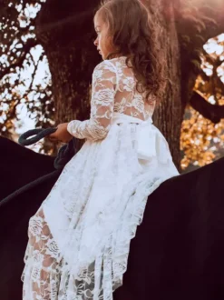 Robe de fille de fleur ivoire en dentelle col rond manche longue robe cortège enfant