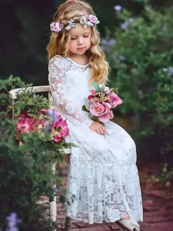 Robe de fille de fleur ivoire en dentelle col rond manche longue robe cortège enfant