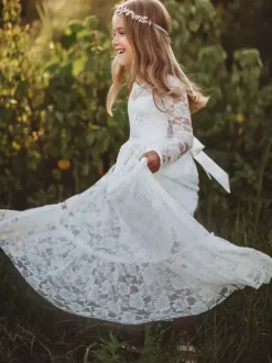 Robe de fille de fleur ivoire en dentelle col rond manche longue robe cortège enfant