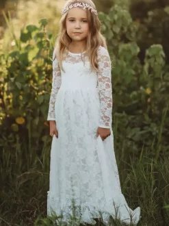 Robe de fille de fleur ivoire en dentelle col rond manche longue robe cortège enfant