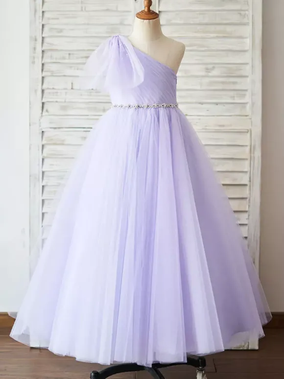 Robe de fille de fleur lavande en tulle une épaule jupe plissé robe cortège enfant robe cérémonie fille