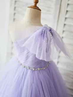 Robe de fille de fleur lavande en tulle une épaule jupe plissé robe cortège enfant robe cérémonie fille
