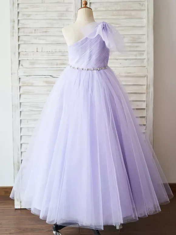 Robe de fille de fleur lavande en tulle une épaule jupe plissé robe cortège enfant robe cérémonie fille