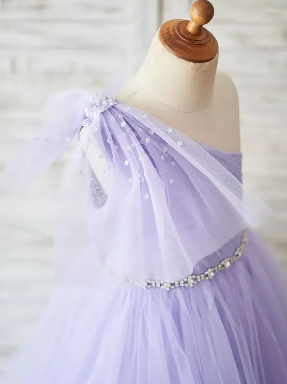 Robe de fille de fleur lavande en tulle une épaule jupe plissé robe cortège enfant robe cérémonie fille