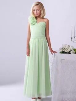 Robe de fille de fleur robe cortège enfant verte en chiffon bustier à une épaule zip sur dos longueur cheville