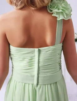 Robe de fille de fleur robe cortège enfant verte en chiffon bustier à une épaule zip sur dos longueur cheville