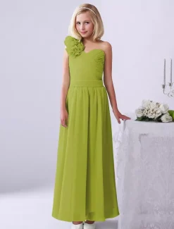 Robe de fille de fleur robe cortège enfant verte en chiffon bustier à une épaule zip sur dos longueur cheville