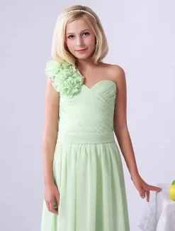 Robe de fille de fleur robe cortège enfant verte en chiffon bustier à une épaule zip sur dos longueur cheville