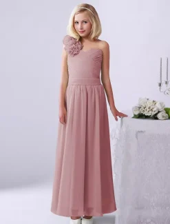 Robe de fille de fleur robe cortège enfant verte en chiffon bustier à une épaule zip sur dos longueur cheville