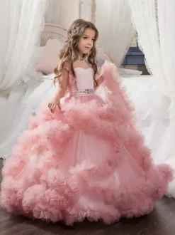 Robe de fille de fleur rose en tulle à volants au sol robe cortège enfant robe cérémonie fille