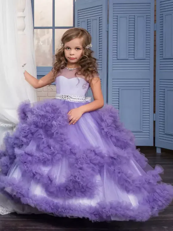 Robe de fille de fleur rose en tulle à volants au sol robe cortège enfant robe cérémonie fille