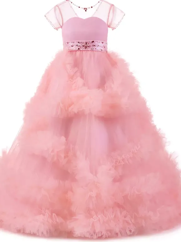 Robe de fille de fleur rose en tulle à volants au sol robe cortège enfant robe cérémonie fille
