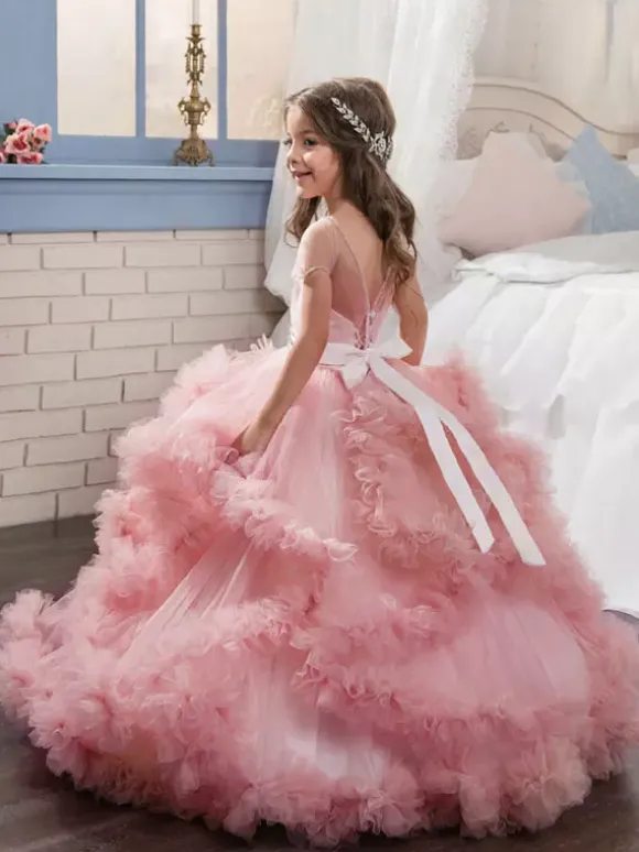 Robe de fille de fleur rose en tulle à volants au sol robe cortège enfant robe cérémonie fille