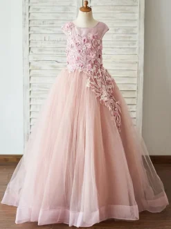 Robe de fille de fleur saumon rose en tulle col rond dos en V avec laçage décoré des fleurs longueur au sol Robe princesse d'enfant