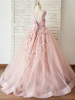 Robe de fille de fleur saumon rose en tulle col rond dos en V avec laçage décoré des fleurs longueur au sol Robe princesse d'enfant