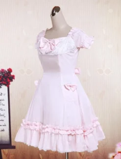 Robe de lolita cosplay Manches Courtes Dentelle Coton Rose Déguisements Halloween