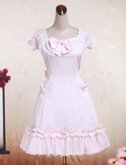 Robe de lolita cosplay Manches Courtes Dentelle Coton Rose Déguisements Halloween