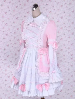 Robe de lolita douce Coton Cravate Avant Col Débordé Rose et Blanche Déguisements Halloween