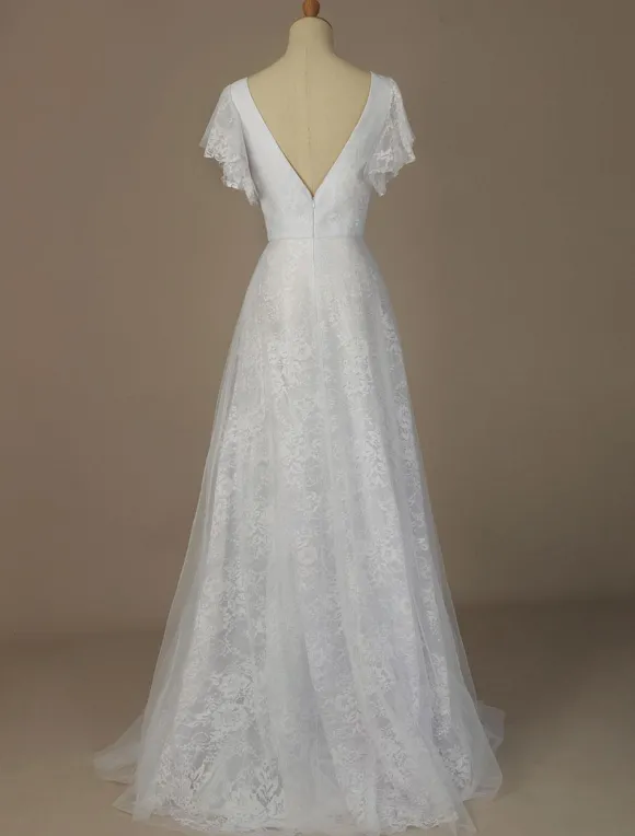 Robe de mariée blanche en dentelle col V manche courte zip sur dos longueur au sol robe de mariage