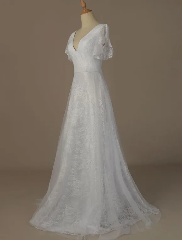 Robe de mariée blanche en dentelle col V manche courte zip sur dos longueur au sol robe de mariage