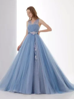 Robe de mariée bleue avec train bustier sans manches à lacets taille naturelle longue dentelle tulle polyester une ligne robes de mariée