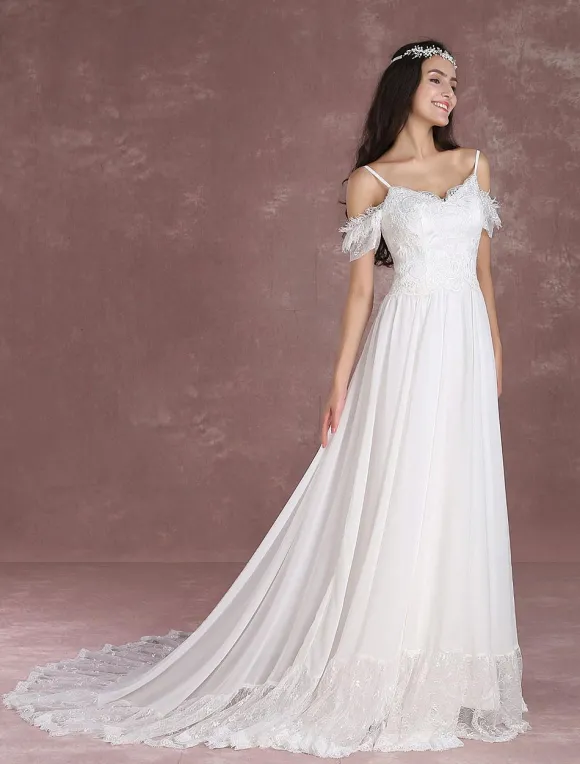 Robe de mariée bohème à bretelle zip sur dos à traîne Robe de mariée milanoo