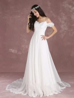 Robe de mariée bohème à bretelle zip sur dos à traîne Robe de mariée milanoo