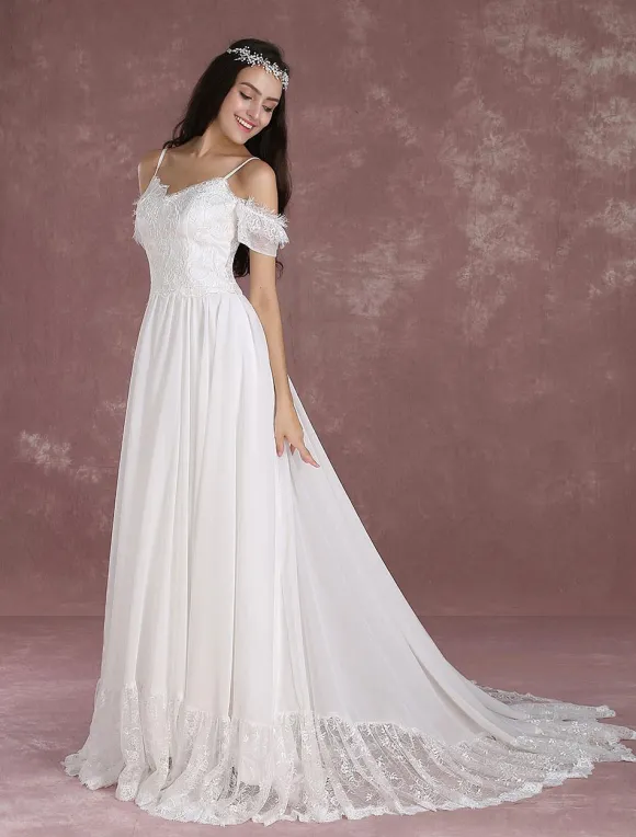 Robe de mariée bohème à bretelle zip sur dos à traîne Robe de mariée milanoo