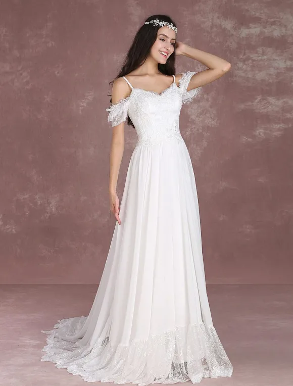 Robe de mariée bohème à bretelle zip sur dos à traîne Robe de mariée milanoo