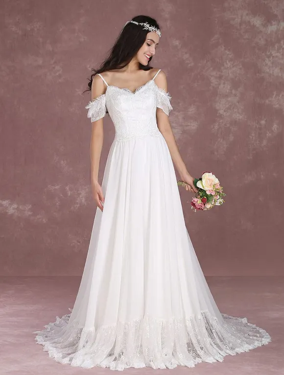 Robe de mariée bohème à bretelle zip sur dos à traîne Robe de mariée milanoo