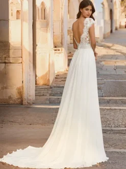 Robe de mariée bohème col V dos nu top en dentelle jupe en tulle à petite traîne