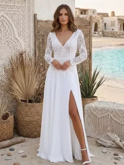 Robe de mariée civile deux pièces en mousseline col en V avec traîne fermeture éclair manches longues style bohème