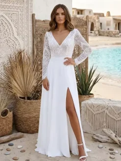 Robe de mariée civile deux pièces en mousseline col en V avec traîne fermeture éclair manches longues style bohème