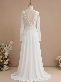 Robe de mariée civile deux pièces en mousseline col en V avec traîne fermeture éclair manches longues style bohème