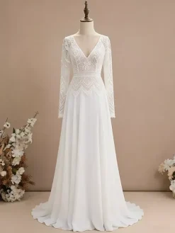 Robe de mariée civile deux pièces en mousseline col en V avec traîne fermeture éclair manches longues style bohème
